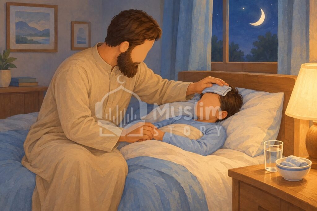 Illustration d'un père barbu assis au chevet de son enfant malade, la nuit, à la lumière douce d'une lampe