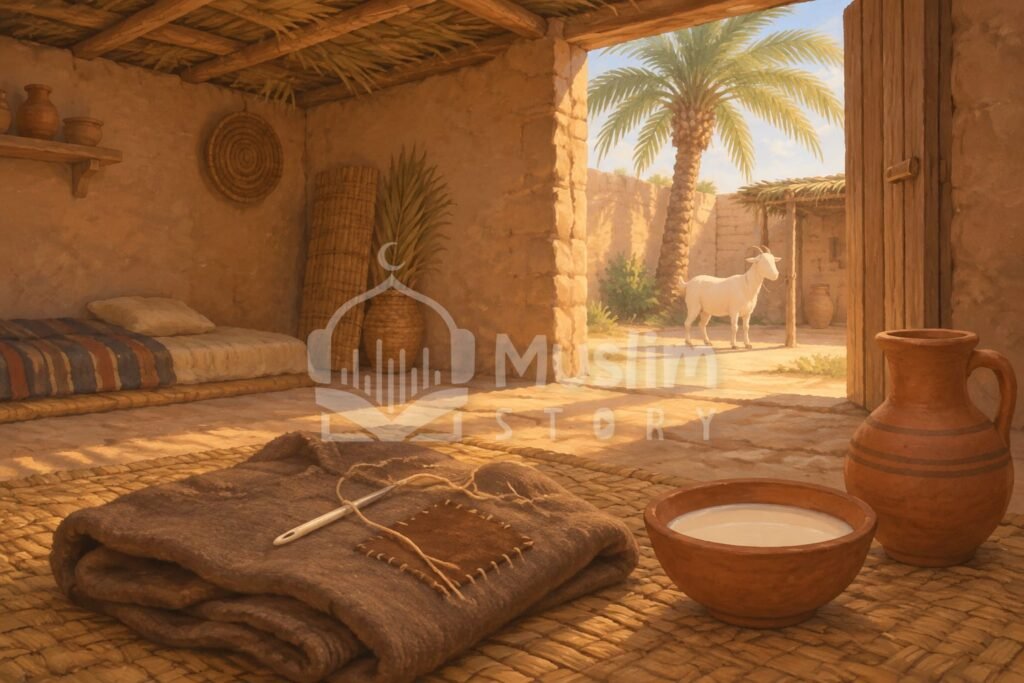 Illustration d'une modeste maison de Médine au VIIe siècle, murs en terre et toit de palmes, avec un vêtement plié, une aiguille et un bol de lait