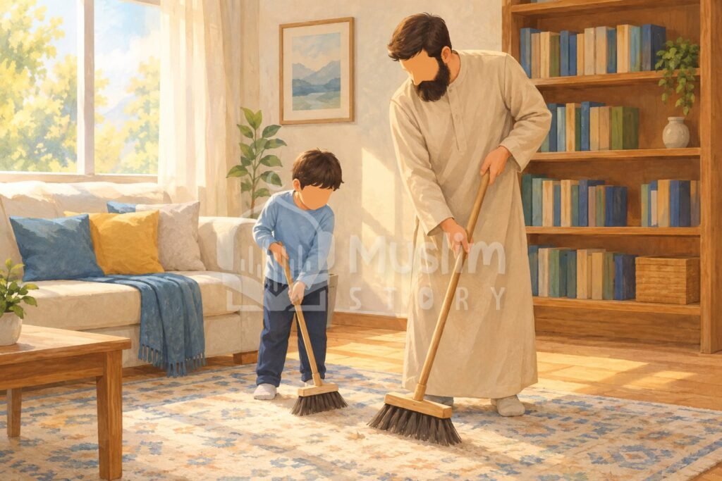 Illustration d'un petit garçon qui imite son père barbu en balayant avec un petit balai dans un salon ensoleillé