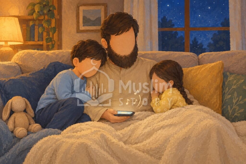 Illustration d'un père barbu et de ses deux enfants blottis sur un canapé, écoutant ensemble une histoire audio le soir